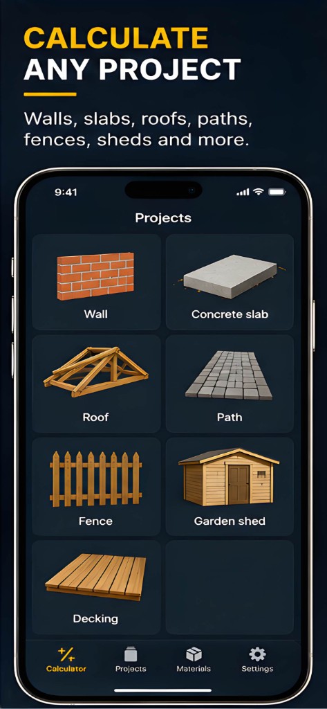 Project types including walls, slabs, roofs, paths, fences, sheds and decking