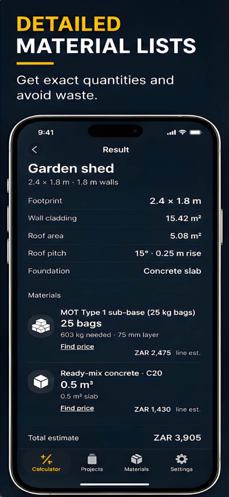Detailed material list with quantities and cost estimates
