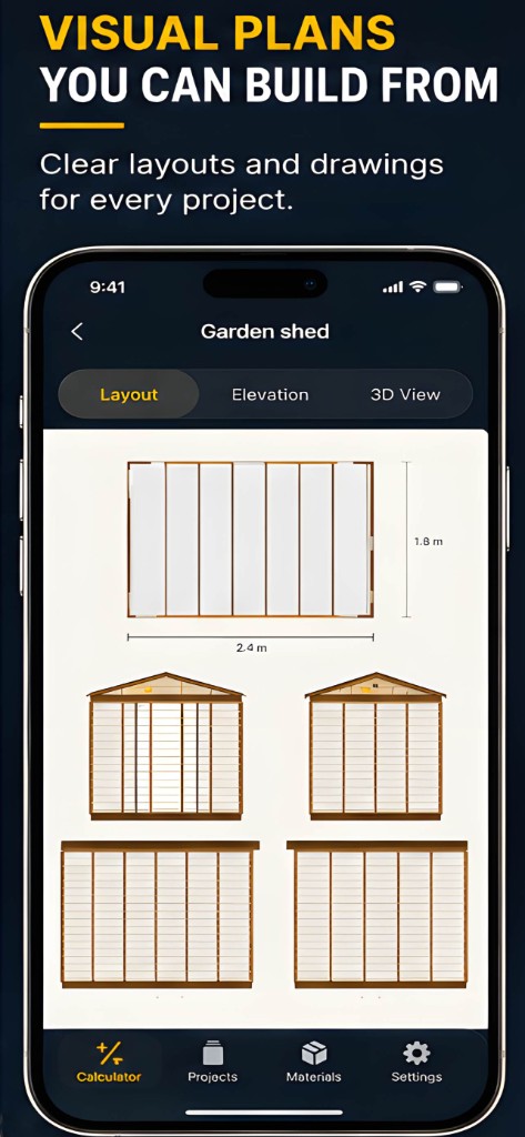 Visual layout and elevation drawings for a garden shed