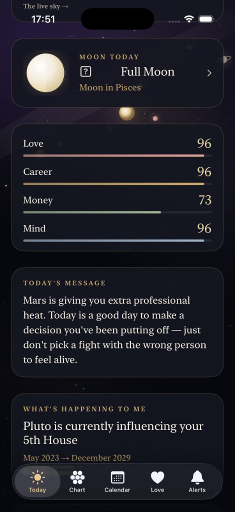 Astria Moon Today — current moon phase, daily scores for love, career, money and mind, and today's message