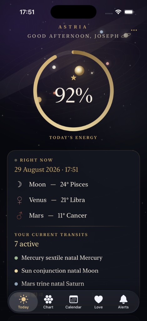 Astria Today — daily energy score, live planetary positions and natal transits