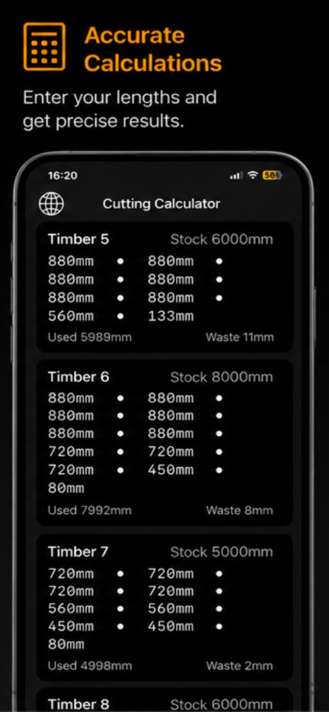 Accurate calculations showing cut patterns with used length and waste