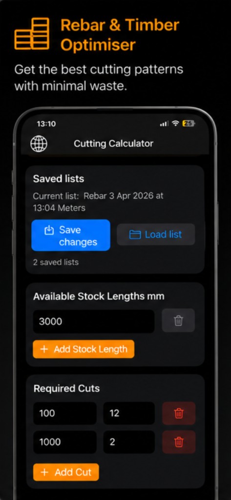 Rebar and Timber Optimiser — save and load cutting lists