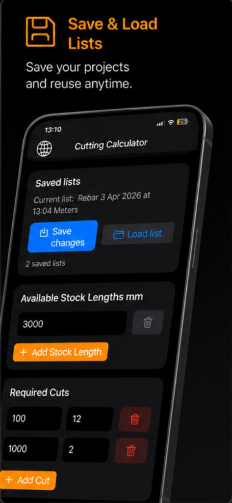 Save and load lists to reuse cutting projects