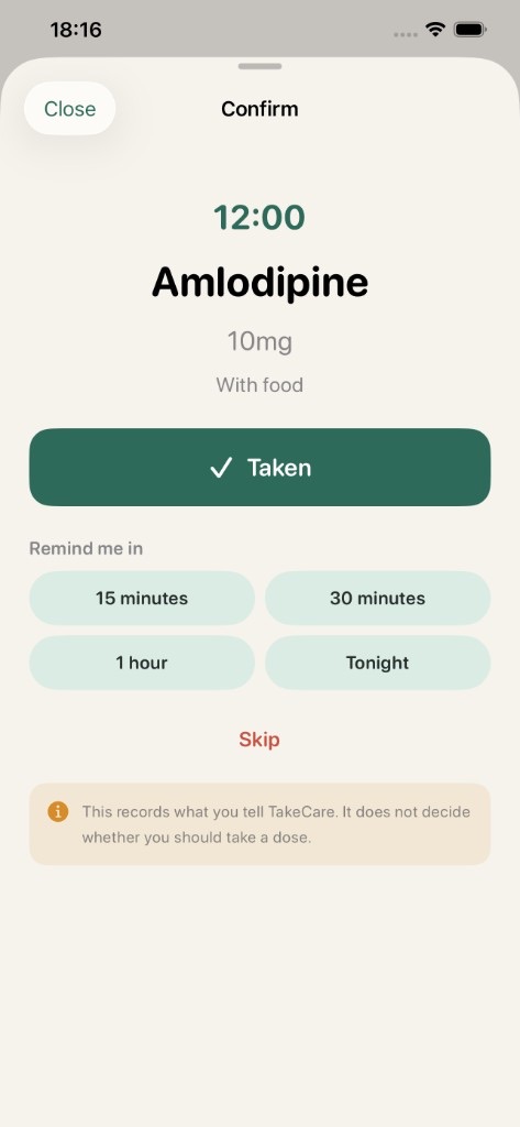 TakeCare confirm screen — mark a dose as taken, snooze a reminder, or skip