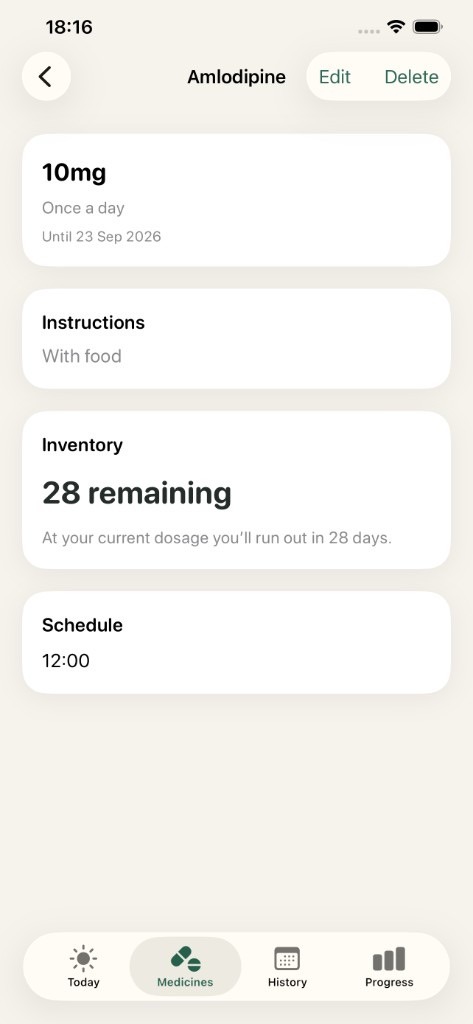 TakeCare medicine details — dosage, schedule, instructions and remaining inventory