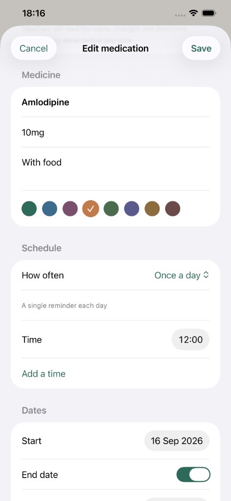 TakeCare edit medication — name, strength, instructions, colour and reminder times