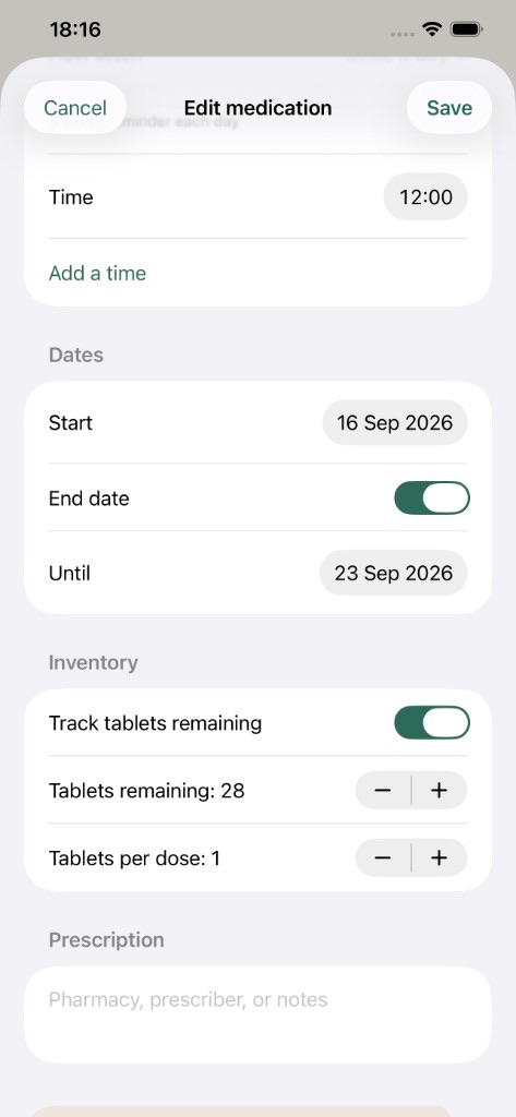 TakeCare inventory — tablets remaining, tablets per dose, start and end dates