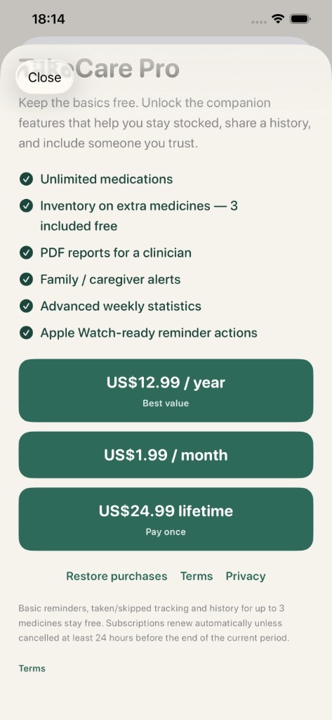 TakeCare Pro — unlimited medicines, inventory, PDF reports, caregiver alerts and Apple Watch actions