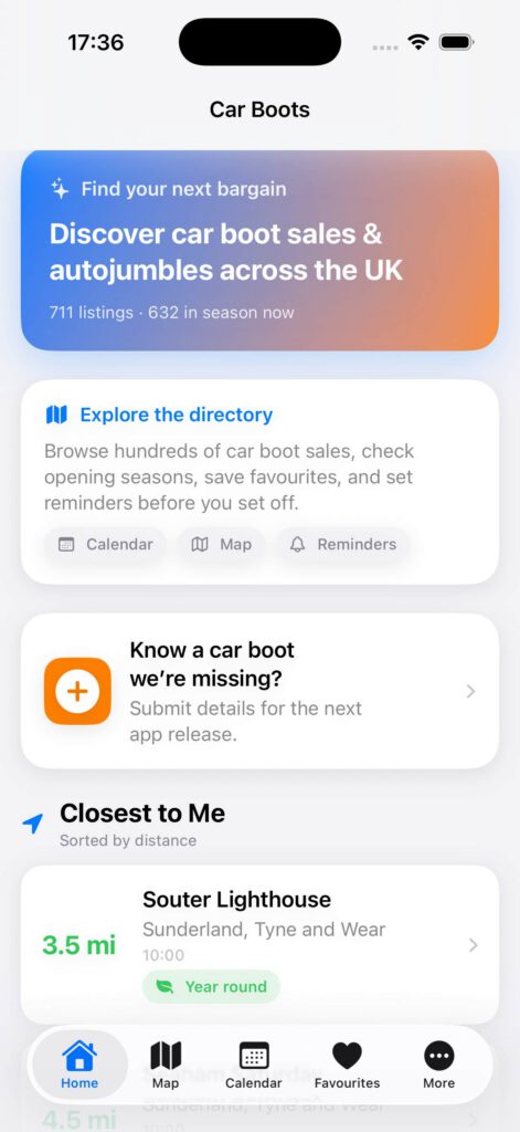 CarBoot UK app showing nearby car boot sales