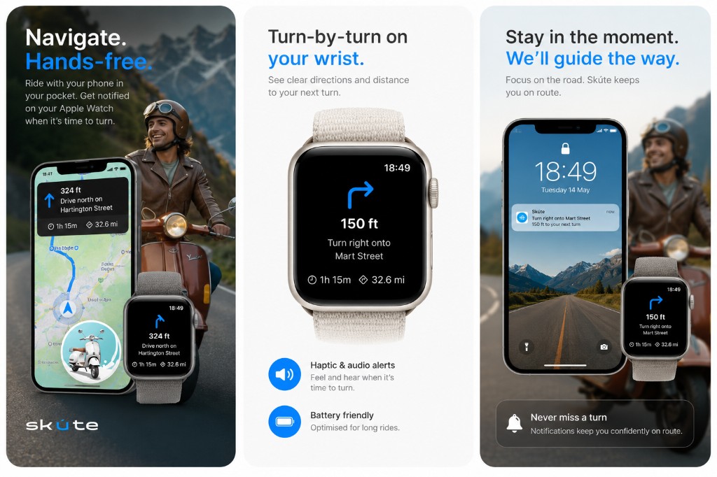 Skúte Apple Watch navigation — hands-free turn-by-turn directions on your wrist