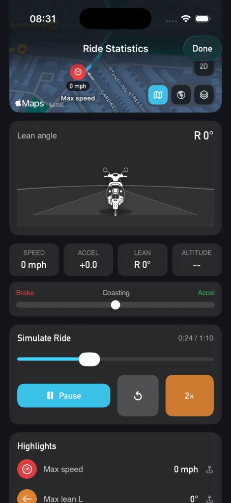 Skúte Ride Statistics — record your route and review speed, lean angle, and ride highlights